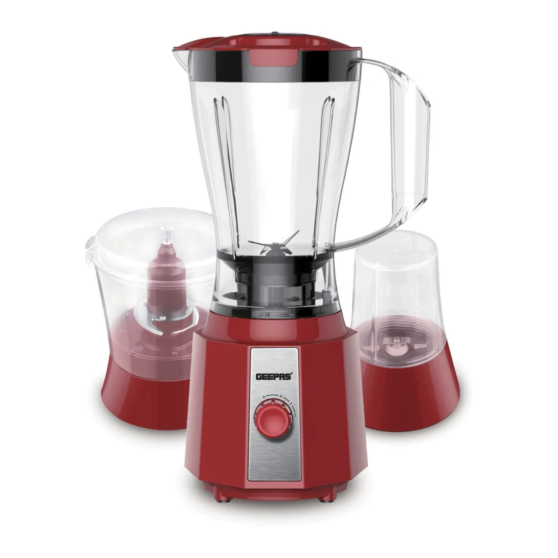 Geepas 3-in-1 Juicer model GSB9891 features a 400W motor, a 1500ml blender jar, stainless steel blades, two speed settings with a pulse function, and comes with an ice crusher, chopper, coffee grinder