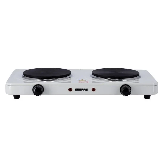 Geepas Electric Double Hot Plate GHP32014, 2000 watts, with adjustable temperature control, made of cast iron, 155mm size, includes overheat protection, and is a portable electric hob.