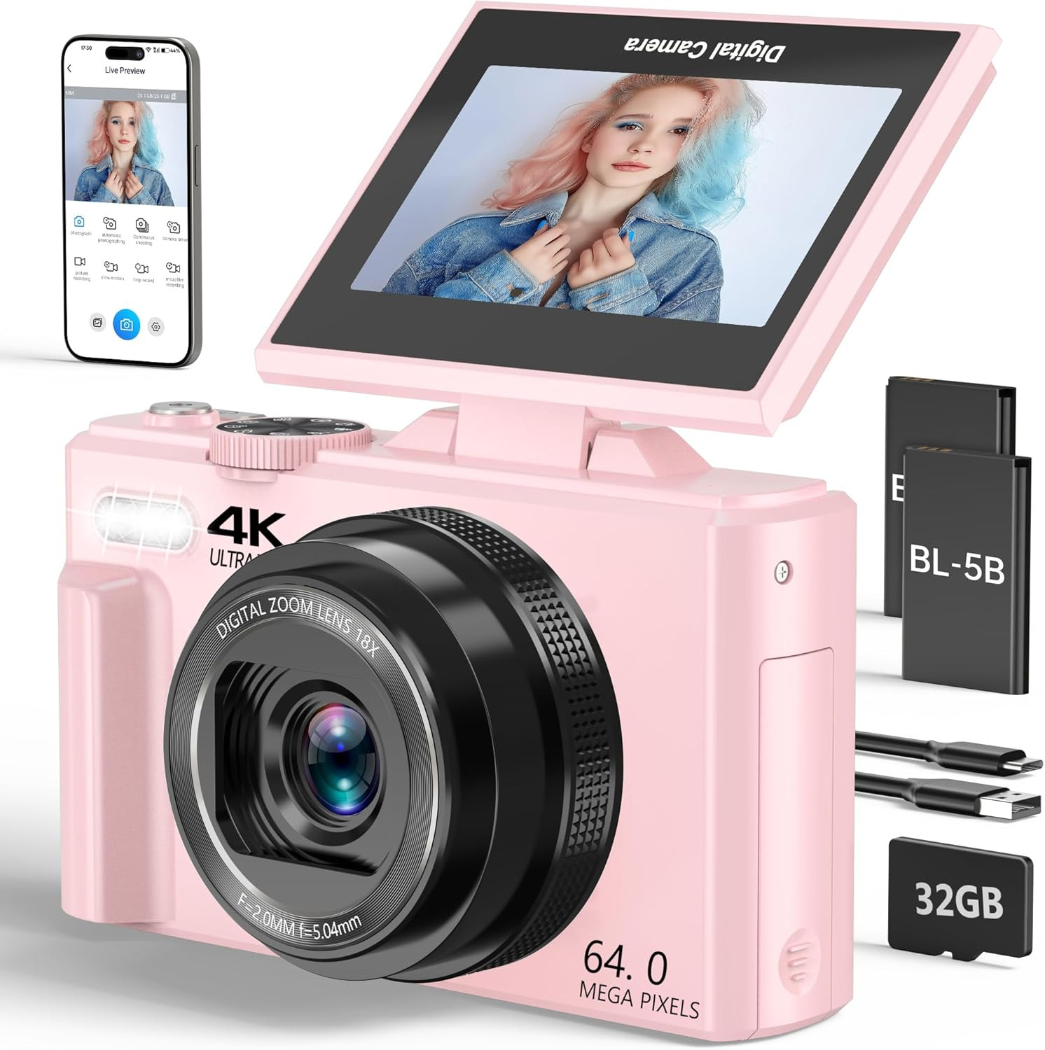 4K Digital Camera for Photography, 64MP Vlogging Camera for YouTube with 3" 180° Flip Screen, 18X Digital Zoom Point and Shoot
