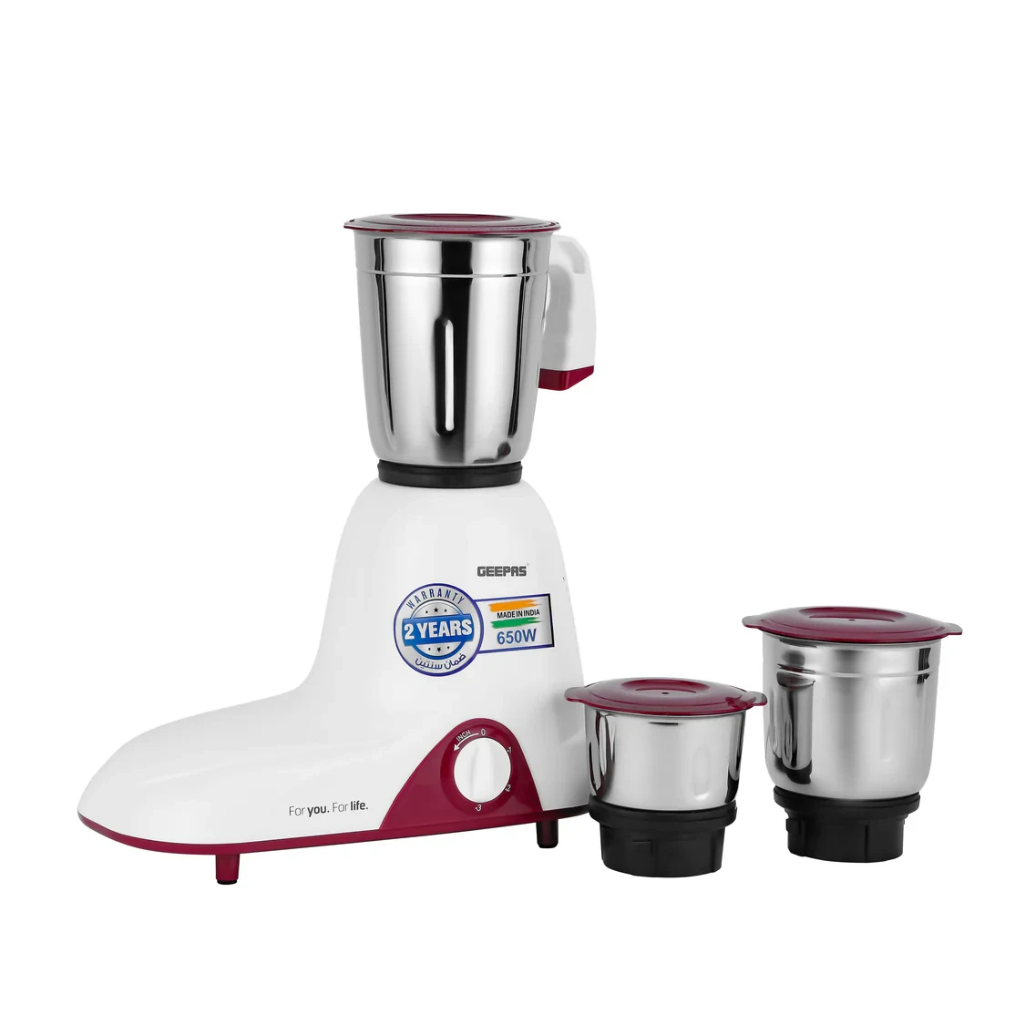 Geepas 3-in-1 mixer grinder model GSB44094 comes with a powerful 650W motor. It features stainless steel jars and blades for durability.