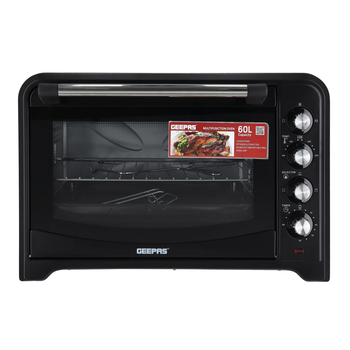Geepas Electric Oven GO34018 has a large 60-liter capacity, runs on 2200 watts of power, and includes both convection and rotisserie functions. It features adjustable temperature control and is built 